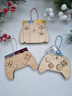 three wooden video game controllers ornament ornaments