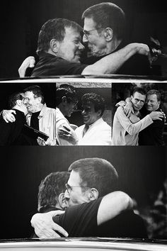 black and white images of two men embracing each other