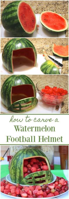 how to make a watermelon football helmet with strawberries and other fruit in it