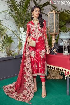 Buy Pakistani Party Dresses-Elegant Pakistani Salwar Kameez In Red Color-Pakistani Party Wear With Sequins, Thread, Dabka, Tila, Kora, Stones Embroidery Work In USA, UK, Canada, Australia Visit Now : www.NameerabyFarooq.com or Call / Whatsapp : +1 732-910-5427 Red Pakistani Dress, Dabka Work, Net Gowns, Embroidery Suits Punjabi, Pakistani Clothes Online, Suits Punjabi, Pakistani Party Wear, Pakistani Designer Suits, Organza Sleeves