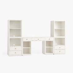 a white desk with shelves and drawers on it's sides, in front of a white background