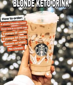 a woman holding up a starbucks drink with instructions on how to order and how to use it