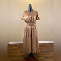 Elegant Dress For The Holidays! Had A Shimmer To It. Brown A-line Midi Dress For Evening, Beige Short Sleeve Party Dress, Beige A-line Midi Evening Dress, Beige Dressy Midi Dress For Cocktail, Beige Lined Party Dress, Short Sleeve Brown Dress For Evening, Brown Short Sleeve Dress For Evening, Beige Summer Midi Dress For Evening, Champagne Midi Dress For Evening