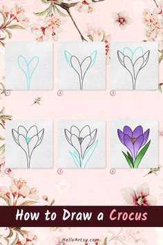 Step by step images demonstrating a How to Draw a Crocus - A Drawing Lesson for Kids! Scrapbook Drawings, Flower Drawing Tutorial Step By Step, Patio Ideas Stone, Flower Drawing For Kids, Paint Stone, Simple Flower Drawing, Easy Flower Drawings, Stone Exterior, Flower Drawing Tutorials