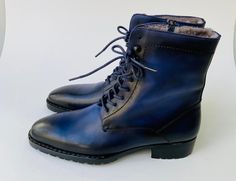 Buy TucciPolo Mens handmade Luxury Italian leather Winter Fur Navy Blue dress Boots. Handcrafted for the classy gentleman in mind. Get your pair today Leather : Italian calf skin leather with Fur Color: Navy Blue This is a made-to-order product. Each pair will be made upon receipt of order and shipped in approximately 15 days. Because our boots are hand-painted and couture-level creations, each shoe will have a unique hue and polish, and exactly as photo. * If you want this product in another co Designer Business Boots For Winter, Designer Winter Business Boots, Formal Fitted Blue Boots, Classic Blue Boots For Business, Blue Plain Toe Boots For Formal Occasions, Classic Blue Business Boots, Formal Blue Plain Toe Boots, Formal Blue Leather Boots, Luxury Blue Men's Shoes With Leather Lining