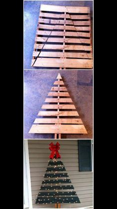 three different pictures showing how to make a christmas tree out of pallets and wood