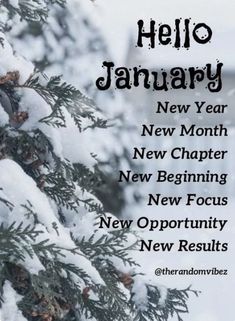 a snow covered pine tree with the words hello january