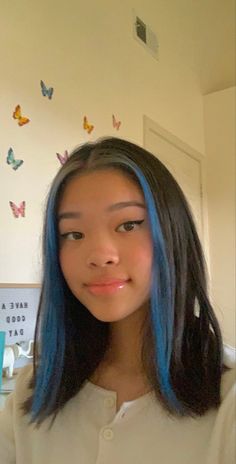 Blue Strands Hair, Two Front Strands Of Hair Dyed, Dyed Hair Front Strands Only, Blue Hair Strands, Blue Strands In Hair, Front Strands Of Hair Dyed, Front Strand Of Hair Dyed, Egirl Hair Strands, Egirl Hair