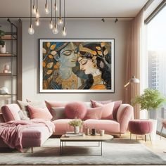 a living room filled with furniture and a painting hanging on the wall above it's windows