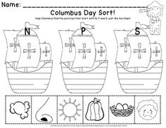 the columbus day sort worksheet is shown with pictures and numbers to match it