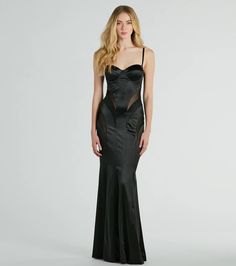 Who could resist your incredible allure in the Kaya bustier formal dress at red carpets or galas? Sheer mesh and textured panels in figure-flaunting patterns along the satin fabric bring edgy elegance to this floor-length masterpiece!  With a sweetheart neckline and a built-in padded underwire bust, this dress offers sexy lifted support. The adjustable spaghetti straps and mermaid silhouette create a flattering fit. Complete the look in high heels and a ring set.Fit & FeaturesSheer mesh and Formal Dress Black, Edgy Elegance, Prom Dress Shoes, Textured Panels, Homecoming Outfits, Cocktail Outfit, Outfit Wedding Guest, Homecoming Dresses Long, Red Carpets