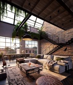 a living room filled with furniture next to a brick wall covered in plants and greenery