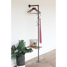 a coat rack with two ties hanging on it and a potted plant next to it