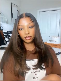 Mid Length Hair With Layers Black Women, Straight Hair Black Women, Straight Wigs For Black Women, Freshman In College, Inspired Hairstyles, Cinnamon Hair, One Night Stand