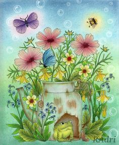 a painting of flowers in a watering can with a frog and butterflies flying over it