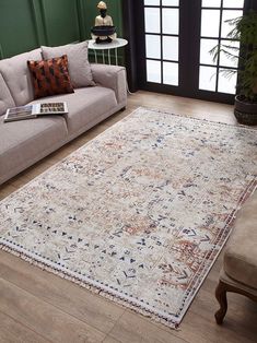 a living room with a couch and rug on the floor in front of a window