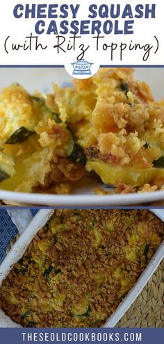 cheesy squash casserole with ritz toppings on a white plate