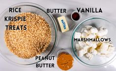 ingredients for peanut butter, rice krispie treats and marshmallows in bowls