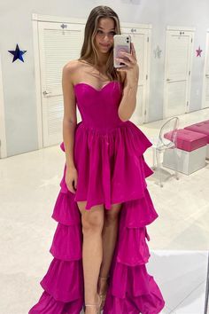 This cute gown is made with a sweetheart neckline and a tiered hi-low skirt. Its unique design has a comfortable fit that will make you look effortlessly elegant at any occasion. Expertly crafted and detailed with precision, this dress is the perfect choice for stylish occasion wear. ♡ SKU: FV12284 ♡ Shown Color: Fuchsia ♡ Fabric: Satin ♡ Our dresses run true to size. ♡ Besides stand size 2-16, we still offer free custom size, which requires the next size: Bust:___ inch/cmWaist:___ inch/cmHips:_ Dress With Corset Top, Prom Dress With Ruffles, High Low Prom Dress, Long Party Dress, Strapless Prom Dress, High Low Prom Dresses, Sweetheart Prom Dress, Dress With Ruffles, Stretch Satin