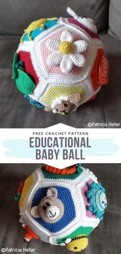 two crocheted baby balls with the words educational baby ball written on top and bottom