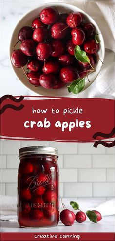 a jar filled with cherries next to a bowl of cherries