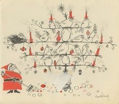 a drawing of a christmas tree with santa claus and birds hanging from it's branches