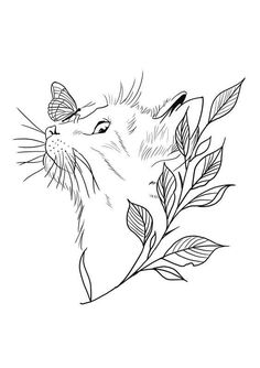 a black and white drawing of a cat with leaves on it's head, looking up