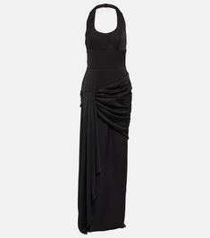 Draped Halterneck Satin Maxi Gown in Black - Rasario | Mytheresa Pre-draped Halter Neck Silk Maxi Dress, Evening Gown With Satin Finish And Maxi Length, Evening Gown With Satin Finish In Maxi Length, Halter Neck Satin Finish Cocktail Dress, Formal Pre-draped Backless Evening Dress, Backless Satin Maxi Dress With Ruched Bodice, Pre-draped Halter Neck Party Maxi Dress, Satin Finish Maxi Evening Dress, Satin Finish Evening Maxi Dress