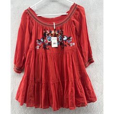 Free People Sunbeams Mini Dress Red Embroidered Nwt $148 Size Small Fall Cotton Dress With Embroidered Hem, Cotton Fall Dress With Embroidered Hem, Cotton Dress With Embroidered Hem For Fall, Red Embroidered Long Sleeve Dress, Red Embroidered Fitted Casual Dress, Red Fitted Embroidered Casual Dress, Red Embroidered Casual Fitted Dress, Casual Red Fitted Embroidered Dress, Red Long Sleeve Embroidered Fitted Dress