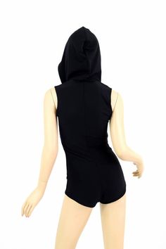 "This item is made to order, please read all the way through the listing before purchasing! This suit is made of a soft, super stretchy lycra knit fabric. Sleeveless, full hood, and boy cut legs. Four way stretch for a figure forming fit. This bodysuit is unlined. The hood is lined in RED sparkly metallic. Womens Sizing (See below for instructions on where measurements should be taken) XXS: Bust 29\"-30\" / Waist 22\"-23\" / Hips 30\"-32\" Extra Small: Bust 31\"-32\" / Waist 24\"-25\" / Hips 33\ Black Fitted Hoodie With Drawstring, Fitted Top With Drawstring Hood For Streetwear, Fitted Top With Drawstring Hood, Fitted Black Hoodie For Sports, Fitted Hooded Vest For Streetwear, Fitted Athleisure Hoodie With Adjustable Hood, Fitted Black Hooded Vest, Fitted Nylon Sporty Vest, Black Fitted Hooded Vest