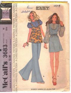 "Vintage 70s McCall's Sewing Pattern #3683 Pullover Dress or Top with Puffed Sleeves Misses Size: 10 This vintage 1970s womens sewing pattern is cut & complete with all pattern pieces in good reusable condition. It is a vintage and out of print pattern, copyright 1973. It is classified as \"easy\" to sew. The pullover dress or top has puffed sleeves with elastic in casings, and front yoke with vent. View A has long sleeves & belt. View B has short sleeves. Suggested fabrics are lightweight cotto Patterned Dress Pants, 70s Sewing Patterns, 1970s Sewing Patterns, Patron Vintage, 70s Inspired Fashion, Robes Vintage, 70s Outfits, 1970s Dresses