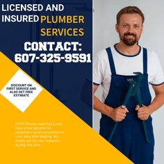 a man holding a wrench in his right hand while standing next to a sign that says, license and insured plumber services contact