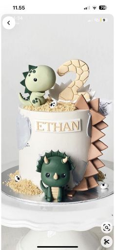 a birthday cake decorated with an image of a dragon and other animals on top of it