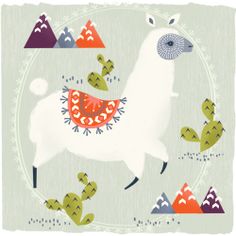 an illustration of a llama surrounded by cacti and succulents