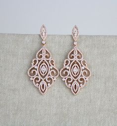 Rose Gold earrings, Bridal earrings, Wedding jewelry, Crystal earrings, Chandelier earrings, Statement earrings, Bridesmaid earrings Ornate Filigree Chandelier Earrings For Wedding, Ornate Bridal Drop Earrings With Intricate Design, Ornate Chandelier Earrings With Intricate Design For Anniversary, Cubic Zirconia Chandelier Earrings With Intricate Design As Gift, Intricate Cubic Zirconia Chandelier Earrings As Gift, Gift Cubic Zirconia Chandelier Earrings With Intricate Design, Wedding Chandelier Earrings With Intricate Cubic Zirconia Design, Ornate Wedding Diamond Drop Earrings, Ornate Pierced Chandelier Earrings For Wedding