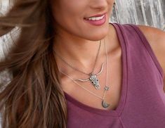 Western Bull Skull Necklace - HappyGoLicky Jewelry Bohemian Hand Tooled Jewelry For Rodeo, Big Skull Necklace, Bohemian Skull Necklace For Gifts, Handmade Silver Necklace With Skull Shape, Cow Skull Jewelry Necklaces, Metal Skull Necklace With Skull Print, Longhorn Steer, Steer Skull, Bohemian Chic Fashion