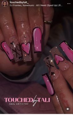 Pink and black cartoon valentines nails Pink Nails Acrylic Valentines Day, Pink Valentine Nail Designs, Valentine Nails Designs Coffin, Valentine Nails Medium, Long Nail Designs Valentines Day, Valentine Nails Long Coffin, Short Nails Ideas Valentines Day, Medium Length Acrylic Nails Valentines Day, Long Nails Nail Art