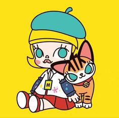 a cartoon character holding a cat on top of a yellow background with the caption's name