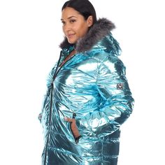 Zipper in the warmth in this eye-catching metallic puffer jacket, an oversized pick designed with a super cozy material that features front zipper closure, hoodie and two front zip pockets. This on-trend design shines with timeless urban style. Features: material 100 percent Polyester, Metallic jacket, zipper closure and 2 front zip pockets. Metallic Long Sleeve Outerwear With Zipper, Metallic Winter Outerwear For Streetwear, Metallic Outerwear For Winter Streetwear, Metallic Winter Streetwear Outerwear, Shiny Long Sleeve Winter Outerwear, Casual Hooded Metallic Outerwear, Trendy Hooded Puffer Jacket With Faux Fur Lining, Metallic Hooded Winter Outerwear, Metallic Puffer Jacket