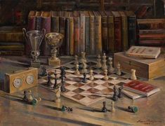 a painting of chess and books on a table