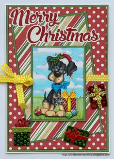 a christmas card with a small dog and presents on it's side, in front of the words merry christmas