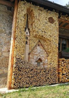 a house made out of logs with a clock on it