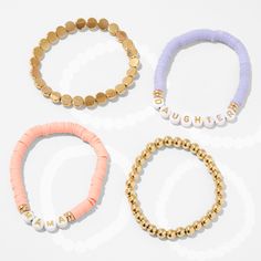 Two bracelets for Mama, and two for her daughter! This is a lovely bracelet set for moms and daughters to share, on Mother's Day, birthdays, or any day. The set includes a pink bracelet that reads MAMA, a purple bracelet that reads DAUGHTER, and two gold-tone bracelets for mixing or matching. Pack Size: 4 Finish: Gold-tone Elastic stretch fit Material: Plastic - Claire's Mama & Daughter Beaded Stretch Bracelet Set - 4 Pack Mom And Daughter Bracelets Beads, Mom And Daughter Bracelets, Mama Daughter, Moms And Daughters, Mom And Daughter Matching, Beads Ideas, Bracelets Patterns, Purple Bracelet, Diy Bracelets Patterns