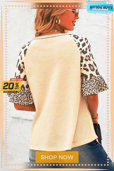 Women's Elegant Fashion Leopard-print Patchwork Five-quarter Sleeve T-shirt Casual Beige Patchwork Tops, Fall Graphic Print Half-sleeve Tops, Fall Patchwork Short Sleeve T-shirt, Fall Patchwork Short Sleeve Tops, Spring Beige Tops With Splicing Details, Beige Spliced Tops For Spring, Short Sleeve Tops With Mixed Print, Short Sleeve Patchwork T-shirt For Fall, Half Sleeve Letter Print Tops For Spring