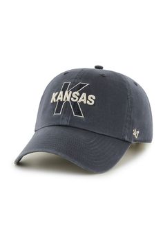 This Kansas Jayhawks Navy Blue Adjustable Hat features a historical design from KU basketball. The '47 Clean Up is a relaxed and curved adjustable strap back with raised embroidery on the front and a woven label on the back., Made from garment washed cotton twill., Metal buckle on the back to dial in the custom fit., The garment wash cotton twill gives a soft, worn-in look., Dad Hat, Self fabric strap closure, Fit: True to Size, 100% Cotton, Washable, Imported Classic Baseball Cap For Fan Gear, Vintage Baseball Cap With Curved Brim For Fan Gear, Vintage Curved Brim Baseball Cap For Fan Gear, Navy Curved Brim Hat For Game Day, Classic Cap For Game Day, Navy Collegiate Baseball Cap With Curved Brim, Classic Curved Brim Hat For Fan Gear, Navy Curved Brim Baseball Cap For Fan Gear, Collegiate Curved Brim Hat For Fans