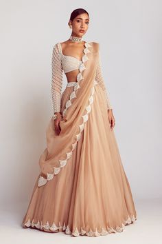 Buy Beige Blouse Georgette Embellished Pearls Sweetheart Neck Work Lehenga Set For Women by Vvani by Vani Vats Online at Aza Fashions. Beige Lehenga, Sweetheart Blouse, Vani Vats, Simple Lehenga, Trendy Outfits Indian, Organza Lehenga, Indian Outfits Lehenga, Lehenga Designs Simple, Pearl Chandelier