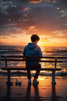 a person sitting on a bench watching the sun go down over the ocean at sunset