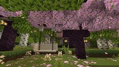 the interior of a minecraft house with lots of flowers on the ground and trees in the background