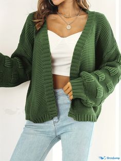 Orcajump - Women's Elegant Lantern Sleeve Solid Cardigan, V-neck Long Sleeve Cardigan For Fall & Winter, Women's Clothing Knitted Cotton V-neck Cardigan, Knitted Acrylic V-neck Sweater Coat, Trendy V-neck Sweater Coat, Trendy Solid V-neck Sweater Coat, Cozy Acrylic V-neck Outerwear, Cozy Green V-neck Sweater, Green Casual Acrylic Cardigan, Green Cotton V-neck Outerwear, Cozy Knitted V-neck Outerwear