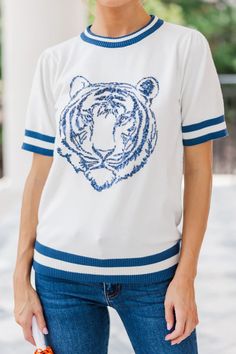 Stay In Character White/Navy Tiger Sweater – Shop the Mint Preppy Athletic, Tiger Sweater, Cruise Outfits, Cute Spring Outfits, Mint Julep Boutique, Tiger Stripes, Casual Work Outfits, Model Fits, Too Cute